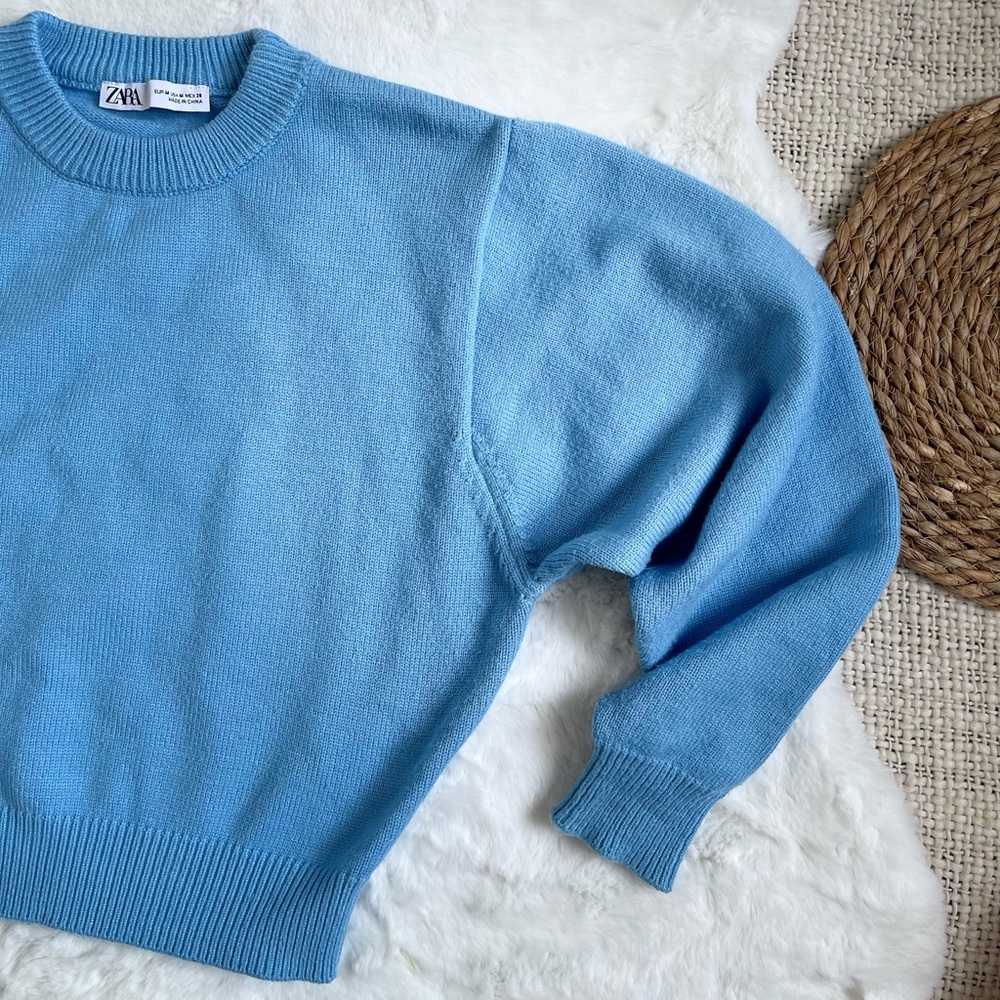 Zara crop knit sweater in sky blue size M with balloon sleeves - Picture 4 of 7